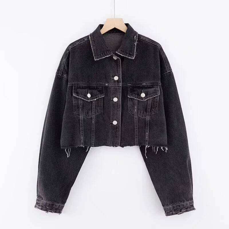 Autumn Drop Shoulder Loose Short Denim Jacket Vintage Women Lapel Pockets Single Breasted Draped Jean Coat Cool Outerwear