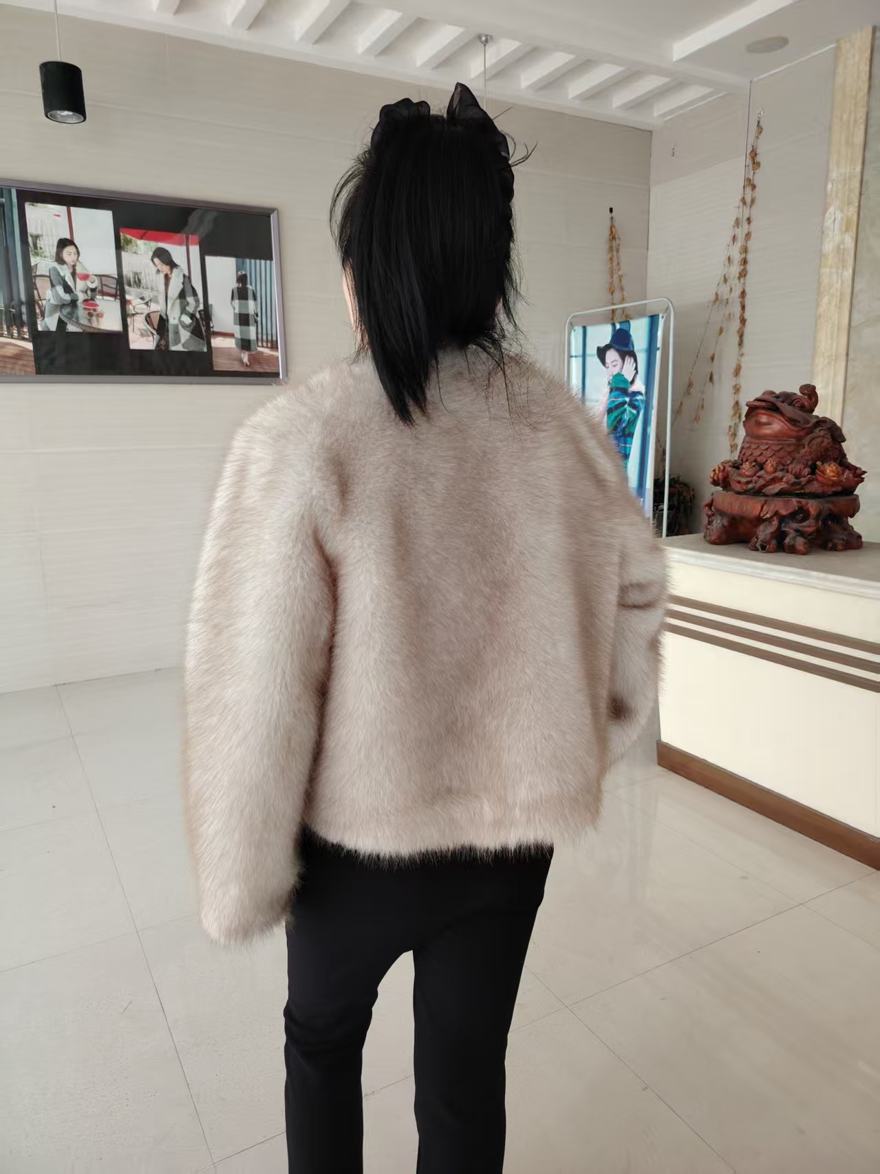 Stylish Short Length Ladies' Imitation Fur Outerwear Jacket Featuring a Chic V-shaped Neckline and Design with solid colors