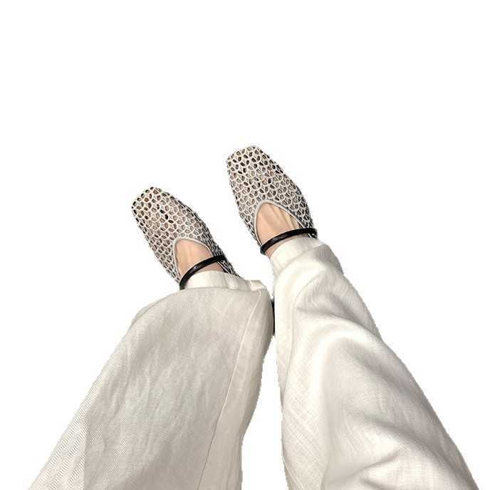 Sheepskin Version French Genuine Leather Square Toe Hollow Mesh Sandals For Women New Soft Sole Woven Mary Jane Shoes