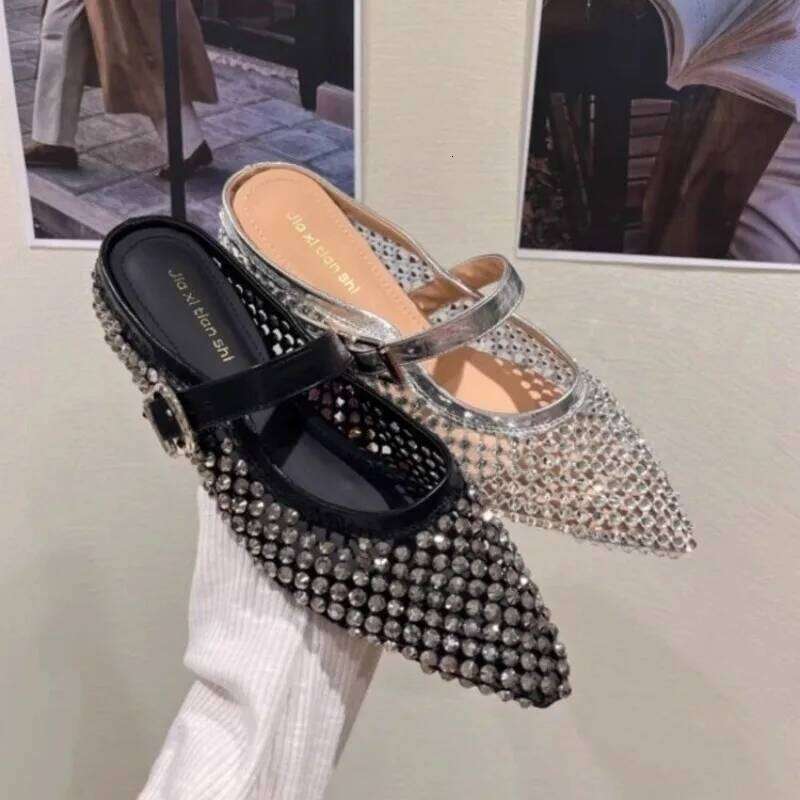 New 2025 Crystal Footwear Sier Women Flat With Female Pointed Toe Fashion Rhinestones Shallow Ladies Flats Shoes