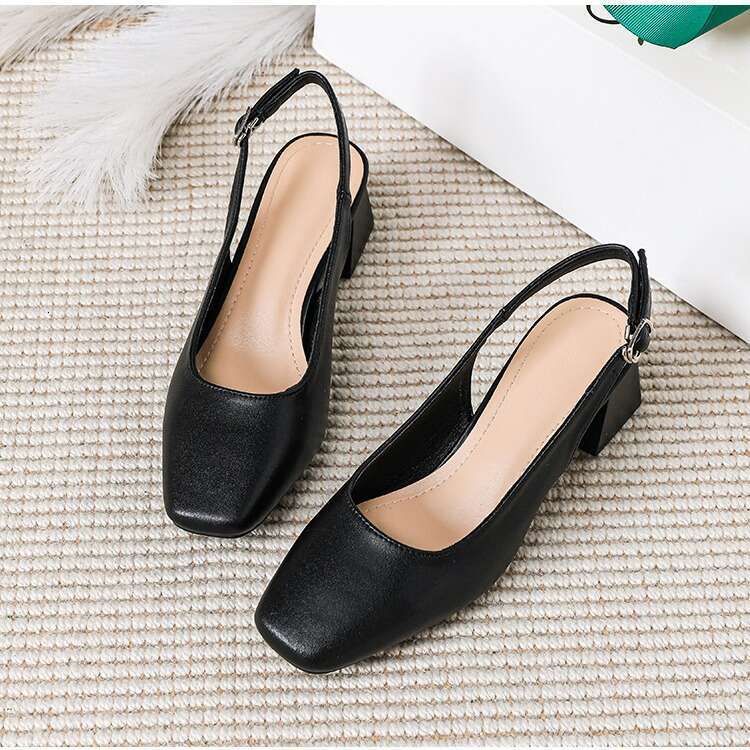 35-42 Large Size Soft Leather Peep Sandals Summer 2024 New Square Toe One Strap Office Thick Heel Slippers