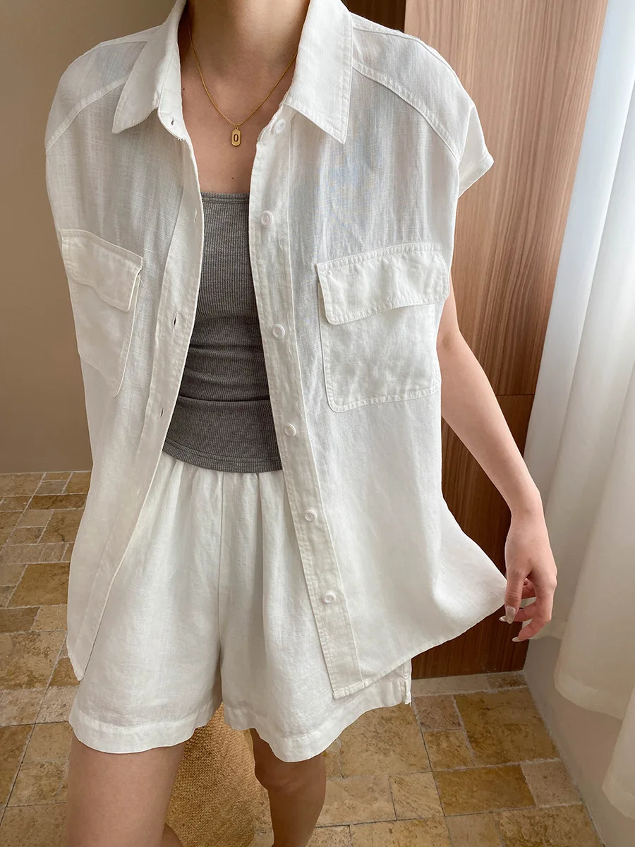 summer womens casual linen set solid color lapel sleeveless pocket decoration shirthigh waisted loose shorts set 250606