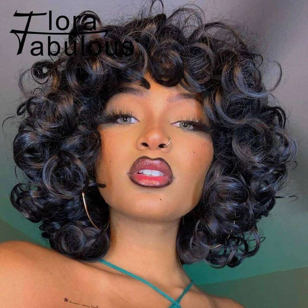 Fluffy Funmi Glueless Natural Short Bouncy Curly Bob Virgin Human Hair Wig with Bangs For Black Women