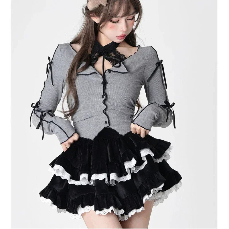 Deeptown Brown Kawaii Corduroy Skirt Women Korean Style Sweet Cake Mini Skirt Lace Spliced Black High Waist Ruffle Short Skirts 250609