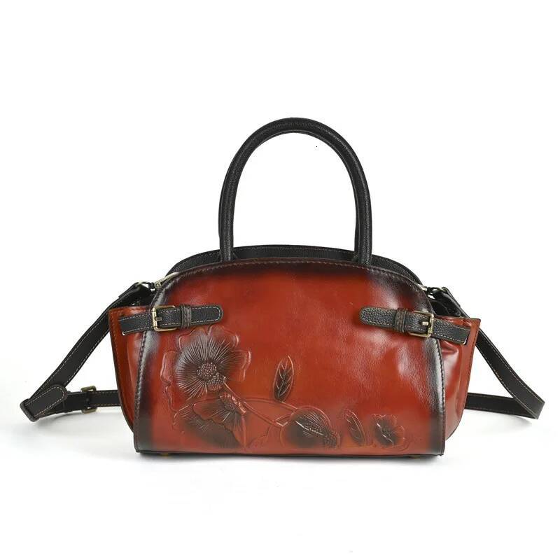 Floral Women Genuine Handbag Vintage Cowhide Tote Bag Fashion Ladies Cow Leather Shoulder Or Crossbody Bags