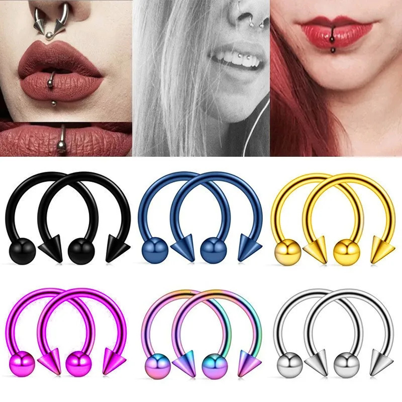 2Pcs Cone Spike Horseshoe Circular Septum Nose Ring 316L Stainless Steel Nipple Hoops Rings Eyebrow Ear Piercing Jewelry 250606