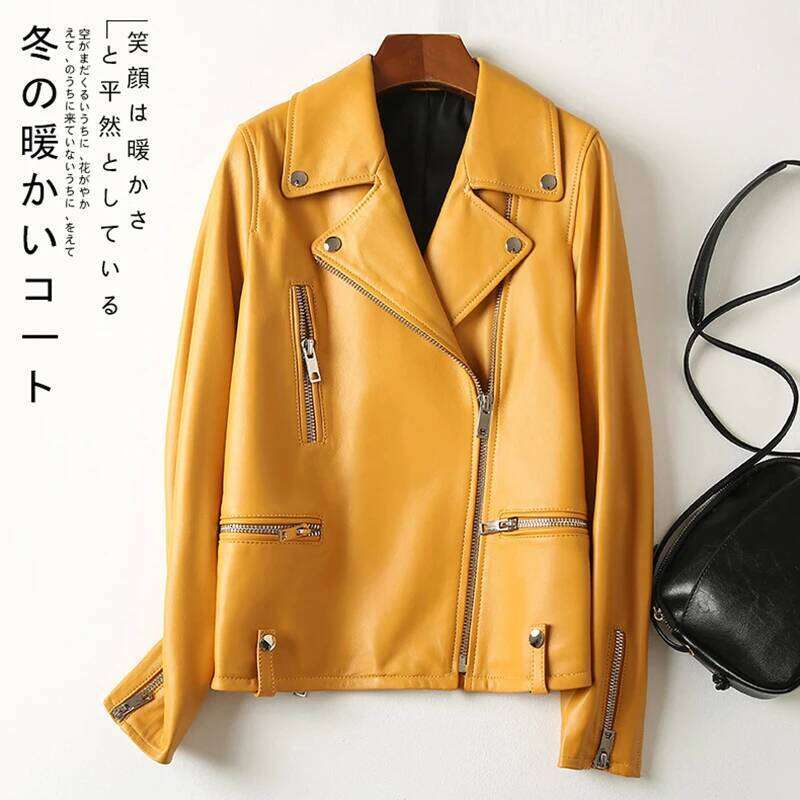 Nerazzurri Spring Short Yellow Black Blue Biker Jacket Long Sleeve Zipper Autumn Faux Leather Jackets for Women