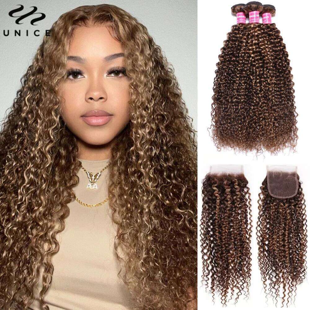 UNice Highlight Blonde Curly 2/3/4 100% Human Hair Lace Closure With Bundles Sew In Quick Weaves