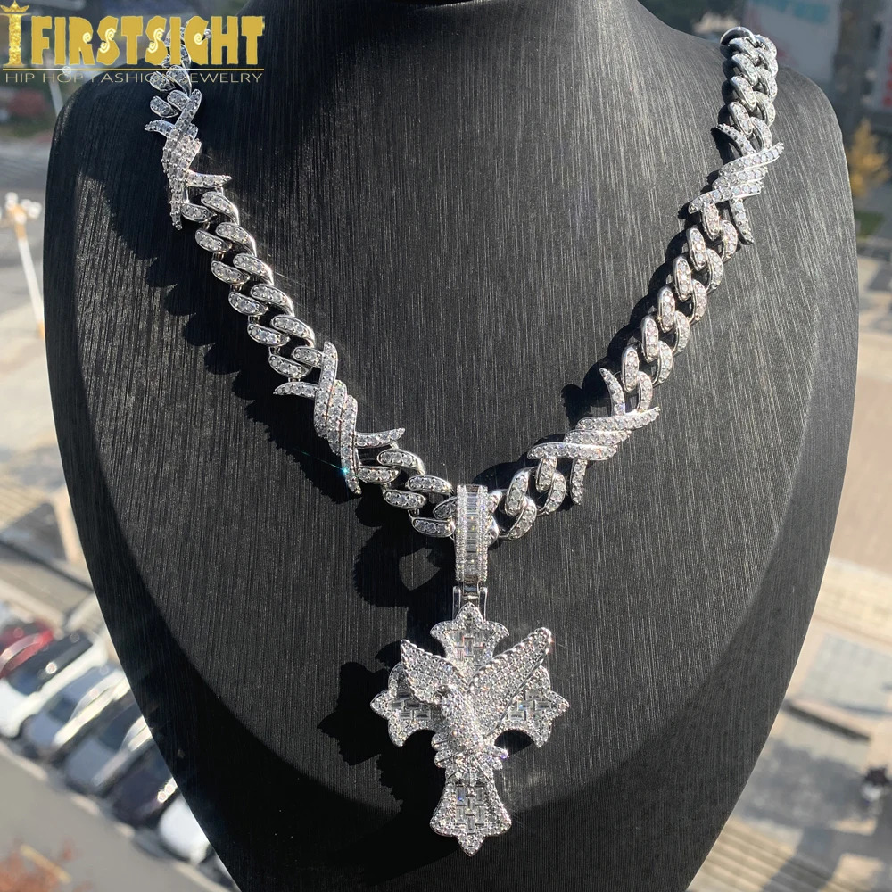 Iced Out Eye Maltese Cross Peace Necklace for Men 12MM Barbed Wire Cuban Chain Cubic Zirconia Charm Hip Hop Jewelry 250606