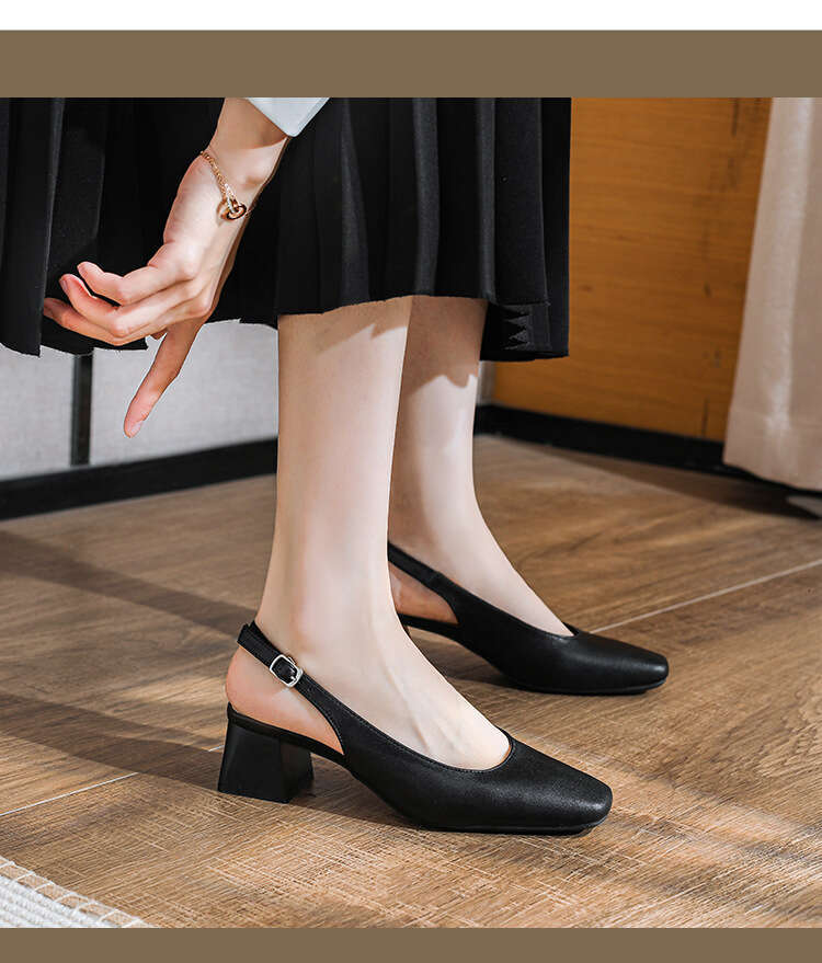 35-42 Large Size Soft Leather Peep Sandals Summer 2024 New Square Toe One Strap Office Thick Heel Slippers