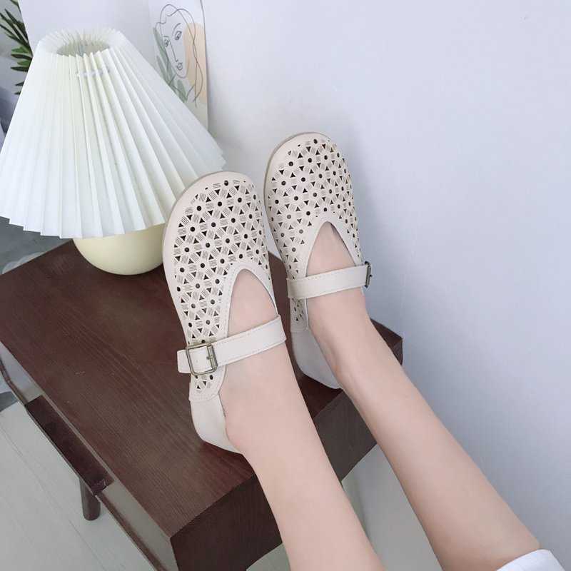 Summer Round Toe Buckle Hollow Solid Color Single Shoes Doll Shoes Shallow Mouth Flat Womens Casual Shoes