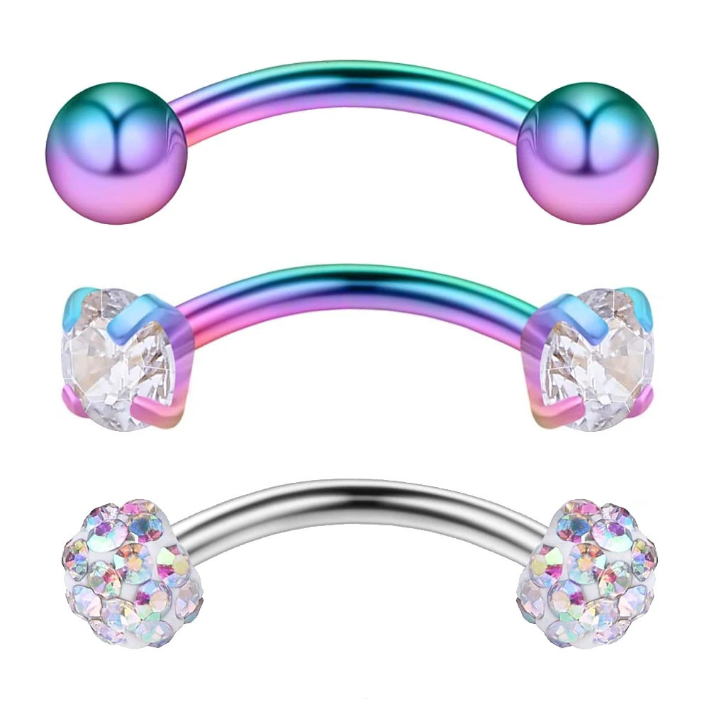 WKOUD 16PCS 16G 38 10MM Stainless Steel CZGemsBall Curved Barbell Eyebrow Tragus Lip Belly Ring Piercing Jewelry Colorful 250606