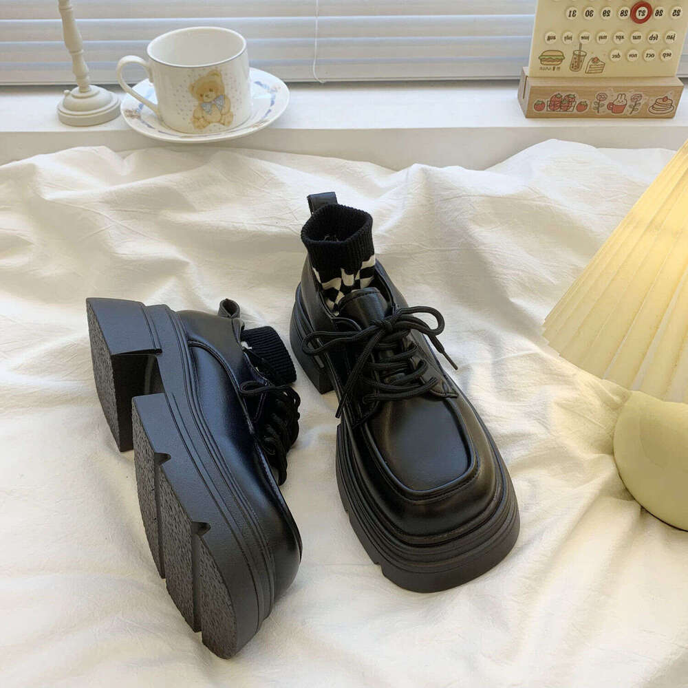 Genuine Leather British Style Women's 2024 Spring New Versatile Lace-up Single Shoes Thick Sole Height Increasing Black Loafers