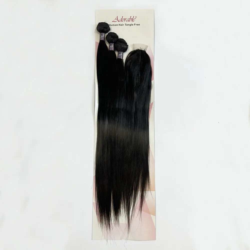 Protein mixed Heat Resistant Fiber Synthetic Remy 3PCS,Full Pack Straight Blend Hair With Silk Base Closure