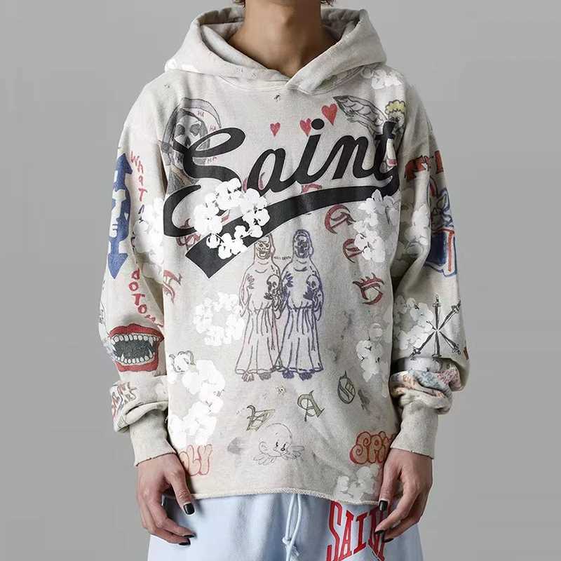 Harajuku Retro Kapok Graffiti Casual Hooded Hoodies for Men and Women Streetwear Oversized Terry Sweatshirts Loose Hip Hop Hoody Z250609