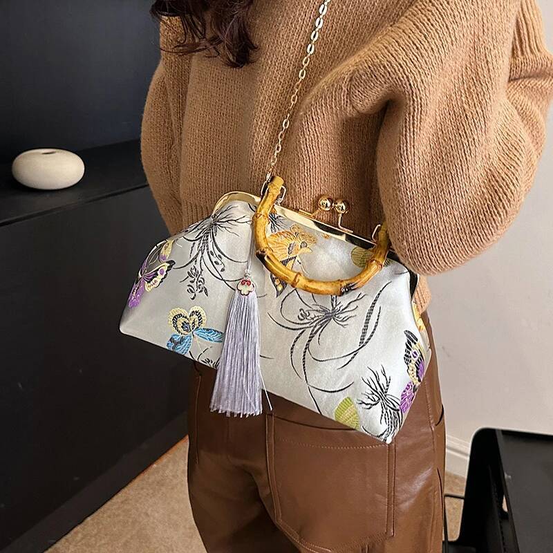 Retro Bamboo Handle Handbag Designer Embroidery Women Dumpling Satchel Fashion Nylon Crossbody Bag Lady Shoulder Bags