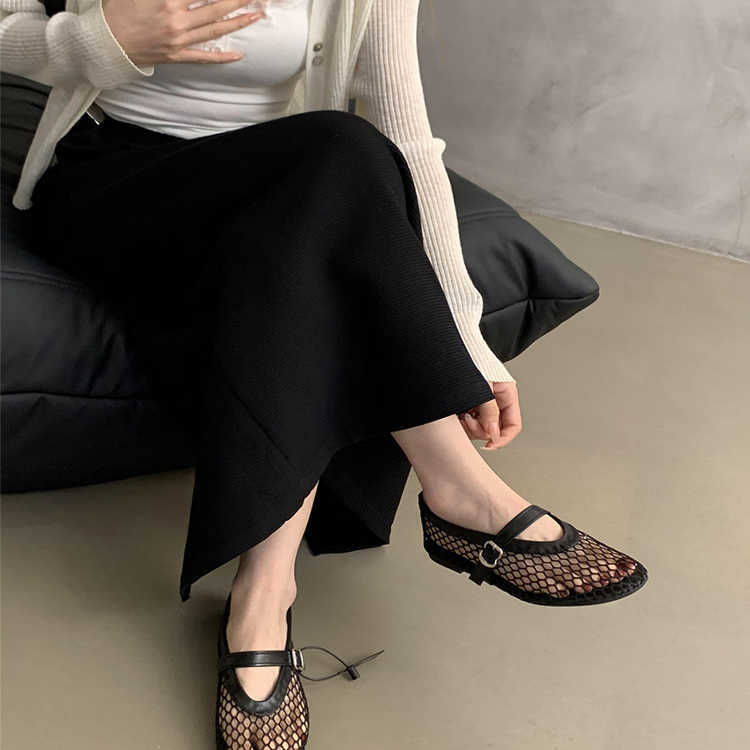 Korean Mesh Hollow Single Shoes For Women Summer New Fairy Elegant Shallow Mouth Flat Sandals Fishnet Shoes