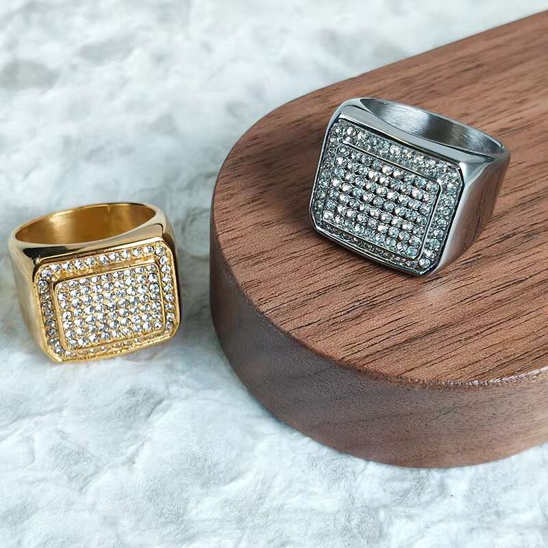 Hip Hop 18K Stainless Steel Gold Plated Cubic Zirconia Chunky Ring Men Jewelry Iced Out Diamond Moissanite Rings for Men