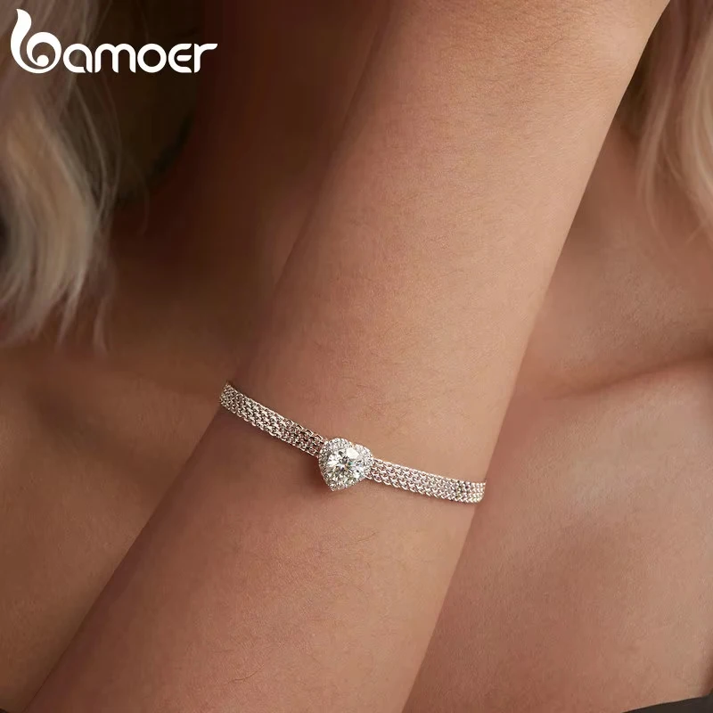 BAMOER 2025 Diamond Solid 925 Sterling Silver 4mm Mesh Link Chain Bracelet, White Gold Plated Heart Moissanite Woven Bracelet for WomenMSB019