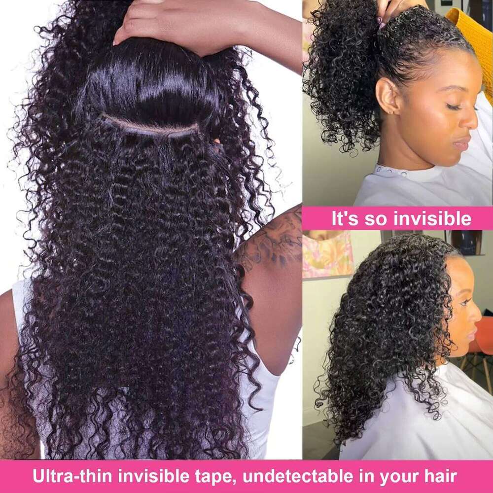 20Pcs Kinky Curly Tape In Extension Virgin Brazilian Human Hair Bulk Black Women Invisible No Weft For Salon