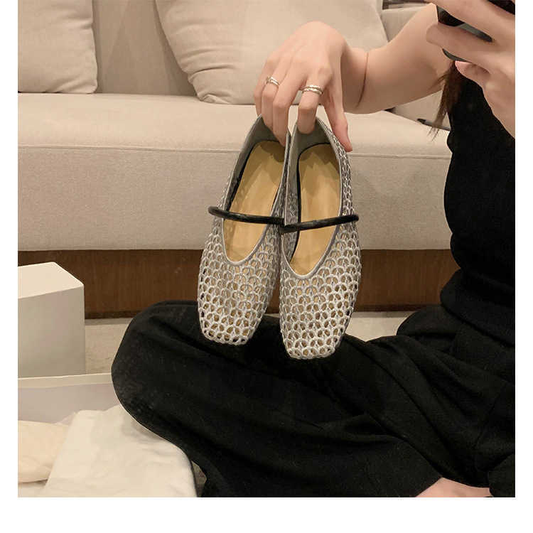 Sheepskin Version French Genuine Leather Square Toe Hollow Mesh Sandals For Women New Soft Sole Woven Mary Jane Shoes