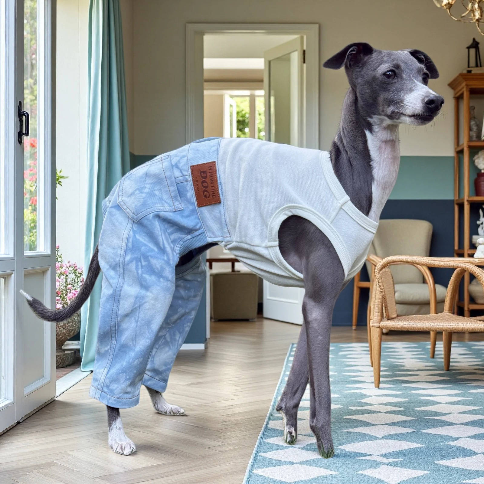 HighStretch Cotton Denim Dog Jumpsuit Spring OnePiece Outfit for Italian Greyhound Poodle Green Pet Costume Apparel 250609