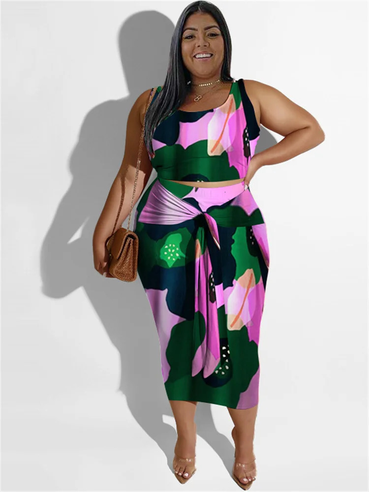 Wmstar Plus Size Dress Set Clothing Floral Printed Two Piece Crop Top Bandage Skirts Matching Wholesale Drop 250603