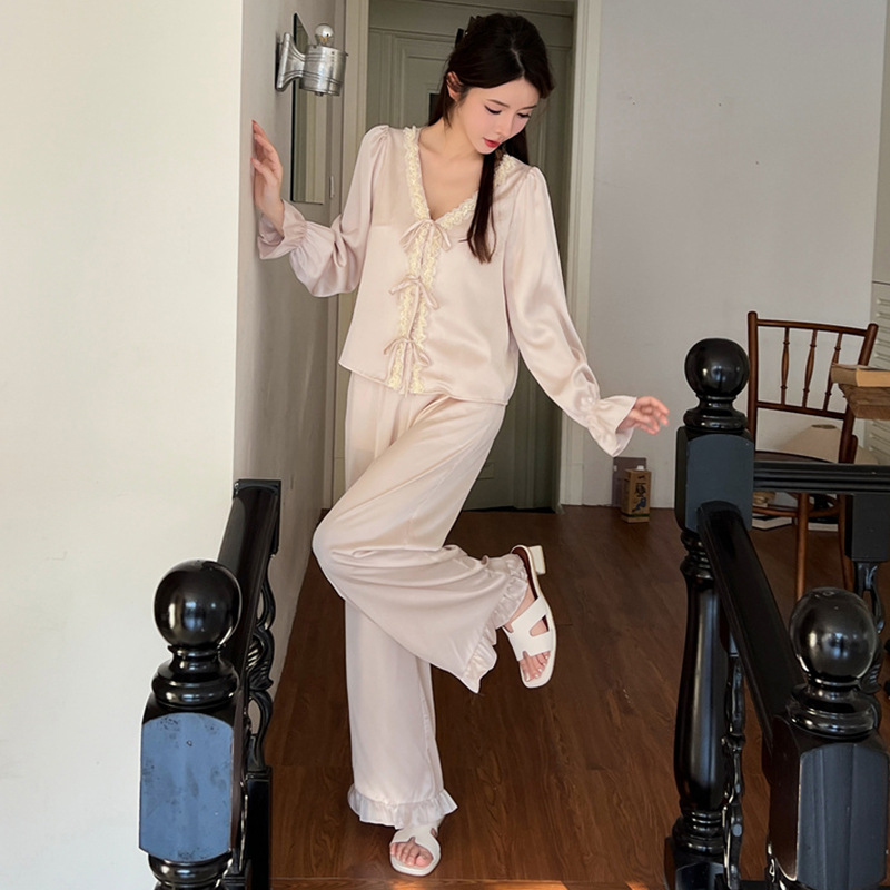 B920-Ice silk ladies pajamas spring and autumn new cardigan long sleeve trousers two-piece suit can be worn as a casual home wear