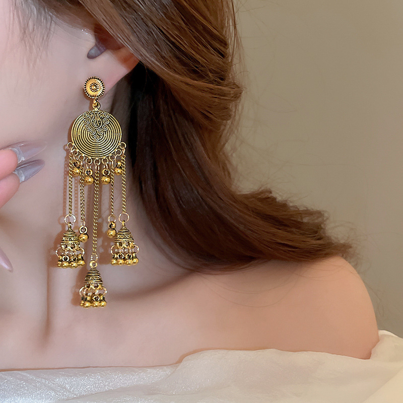 Vintage Antiqued Ethnic Inspired Circular Wind Chime Tassel Earrings Metal Textured Elegant Statement Ear Jewelry for Women