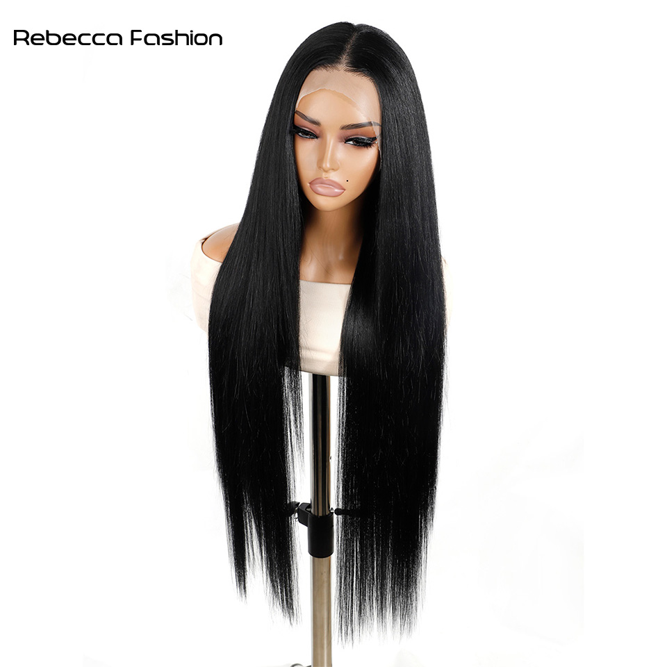 Rebecca Fashion Synthetic Front For Women 38 inch Long Straight Layered Wigs 13X4 Lace Frontal Free Part Black Cosplay Wig
