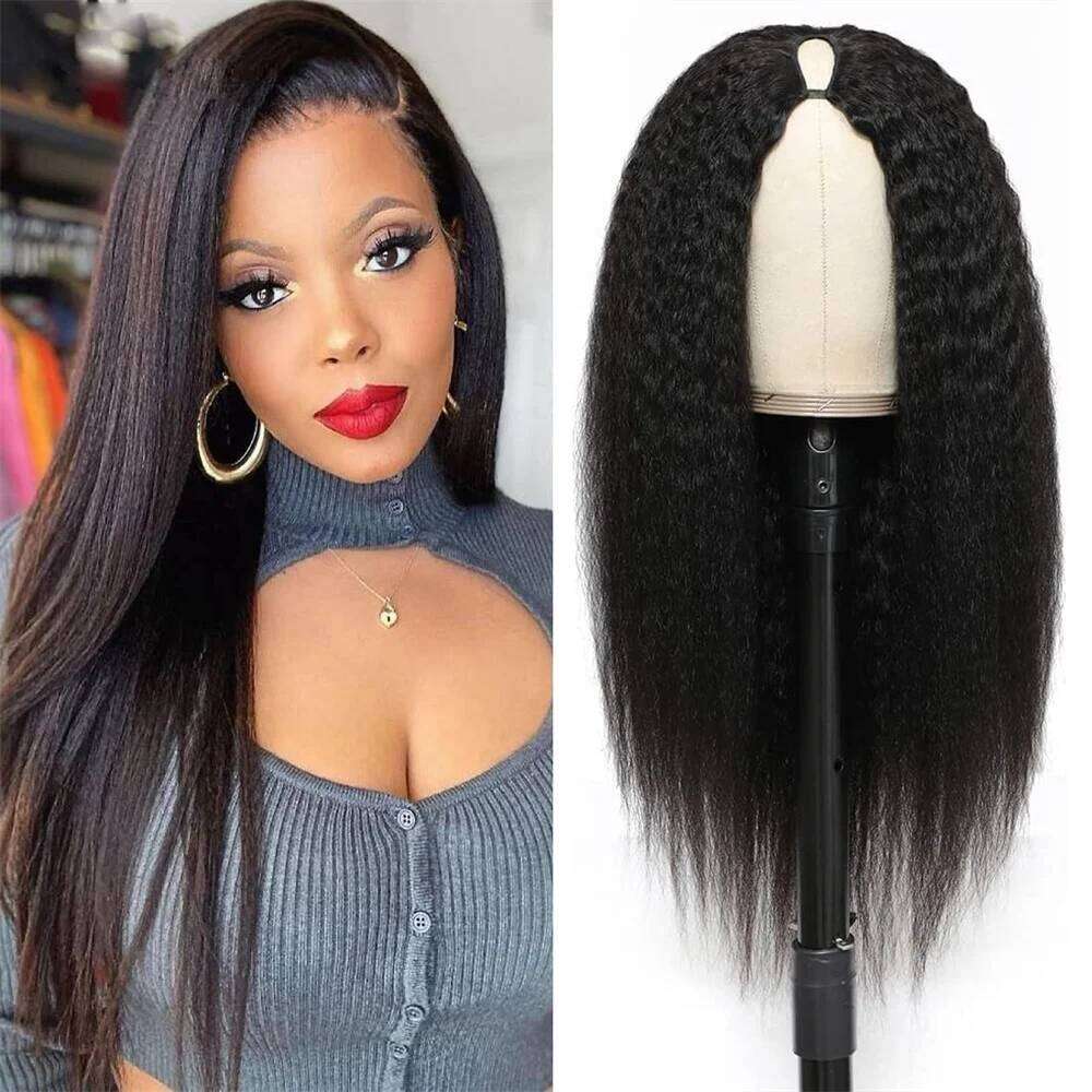 V Part Kinky 180% Density Human Hair Wig for Black Women Yaki Straight hine Made Natural Color