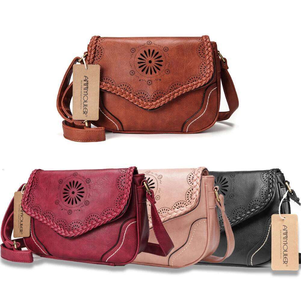 Annmouler Brand Women Shoulder Vintage Pu Leather Crossbody Hollow Out Ladies Satchel Bag Brown Retro Handbag For Girls