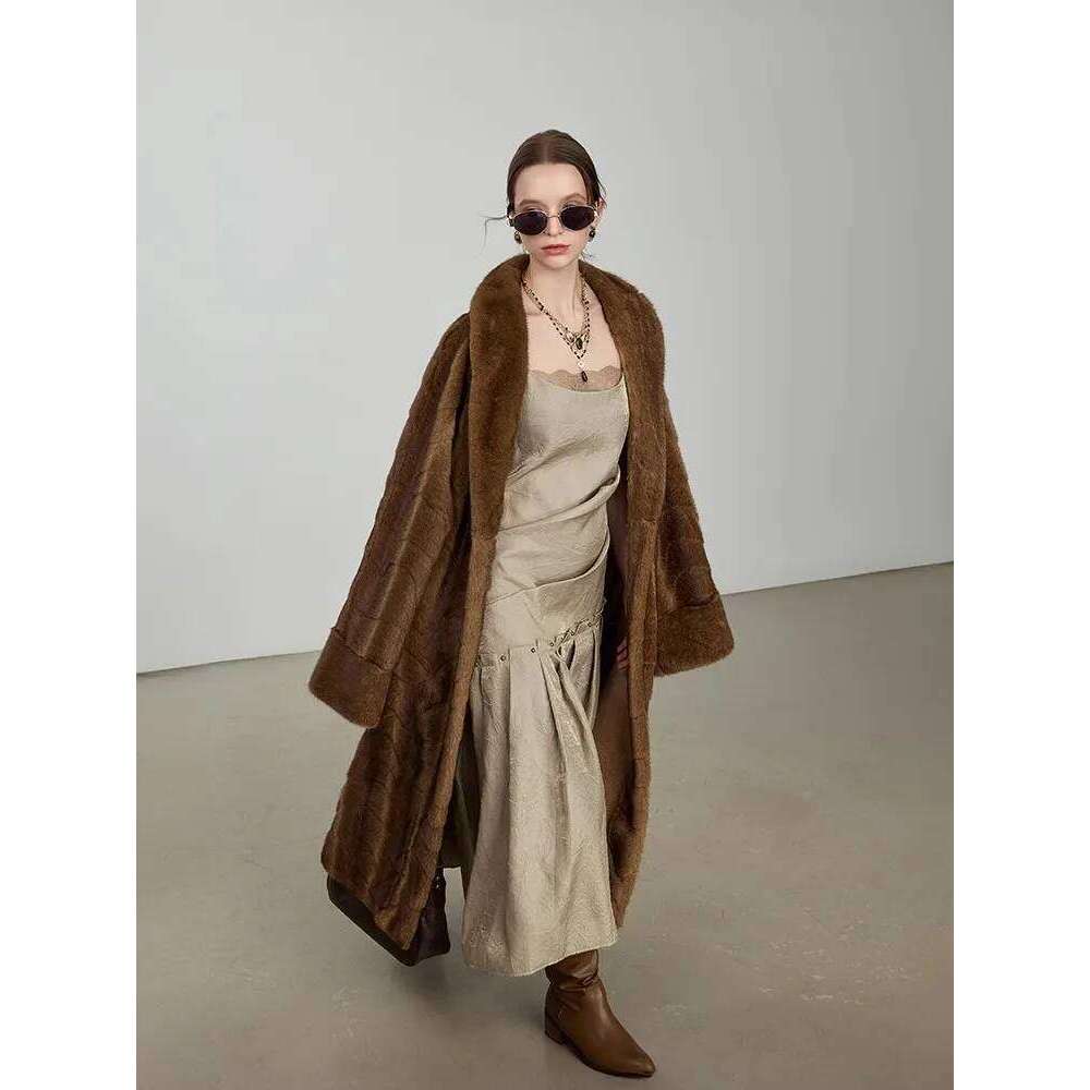 Lautaro Autumn Winter Long Vintage Elegant Chic Thick Warm Soft Brown Fluffy Faux Mink Fur Coat Women Shawl Collar 2025