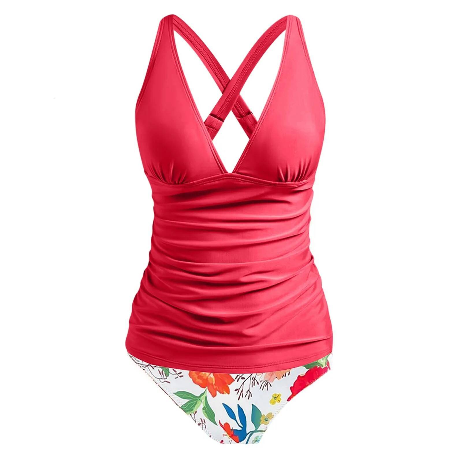 V Neck Swimsuit Women's Tankinis Set Sexy High Waist Bikini Two Piece Bathing Suit Ruched Abdominal Control Swimwear Monokini