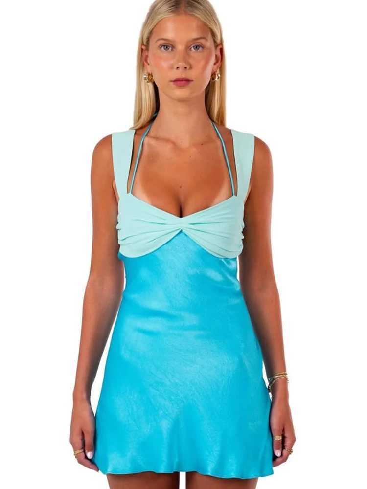 Mozision Patchwork Sleeveless Sexy Mini Dress For Women Robe Satin Strapless Backless Lace-up High Waist A-line Club Dress XJ250610