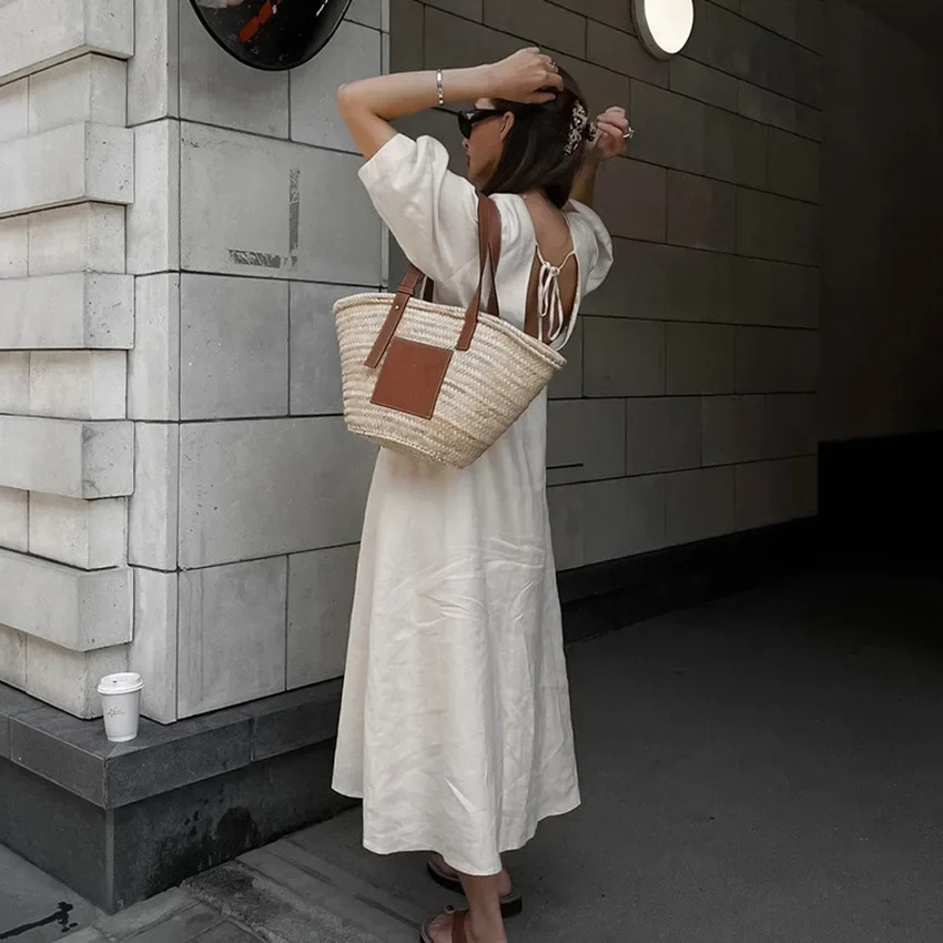 Retro Cotton Linen WomenS Summer Dress Sexy V-Neck Puff Sleeve Long Maxi Birthday Graduation Dresses Beach Sundress Robe Femmes 250606