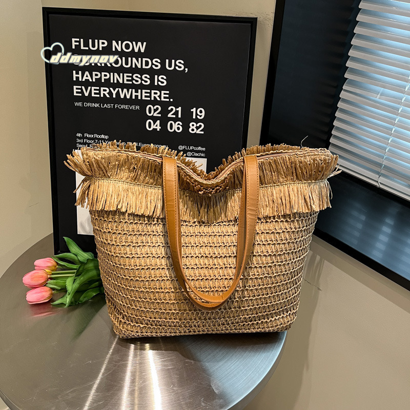 Minimalist Casual Beach Vacation Bags Trendy Fashion Commuting Travel Shoulder Crossbody Handheld Straw Woven Bag ddmynov