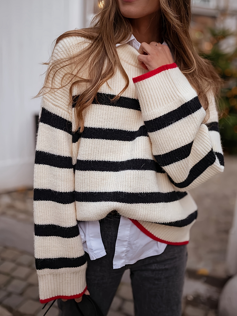 Contrasting striped pullover ladies sweater women autumn and winter new European and American leisure long-sleeved sweater women