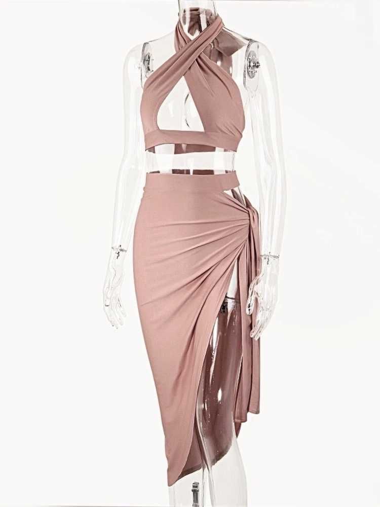 Sexy Cross Bandage Hollow Out Thigh-high Split Slim Bodycon Dress Women Sleeveless Two Pieces Evening Dress Club Party XJ250610