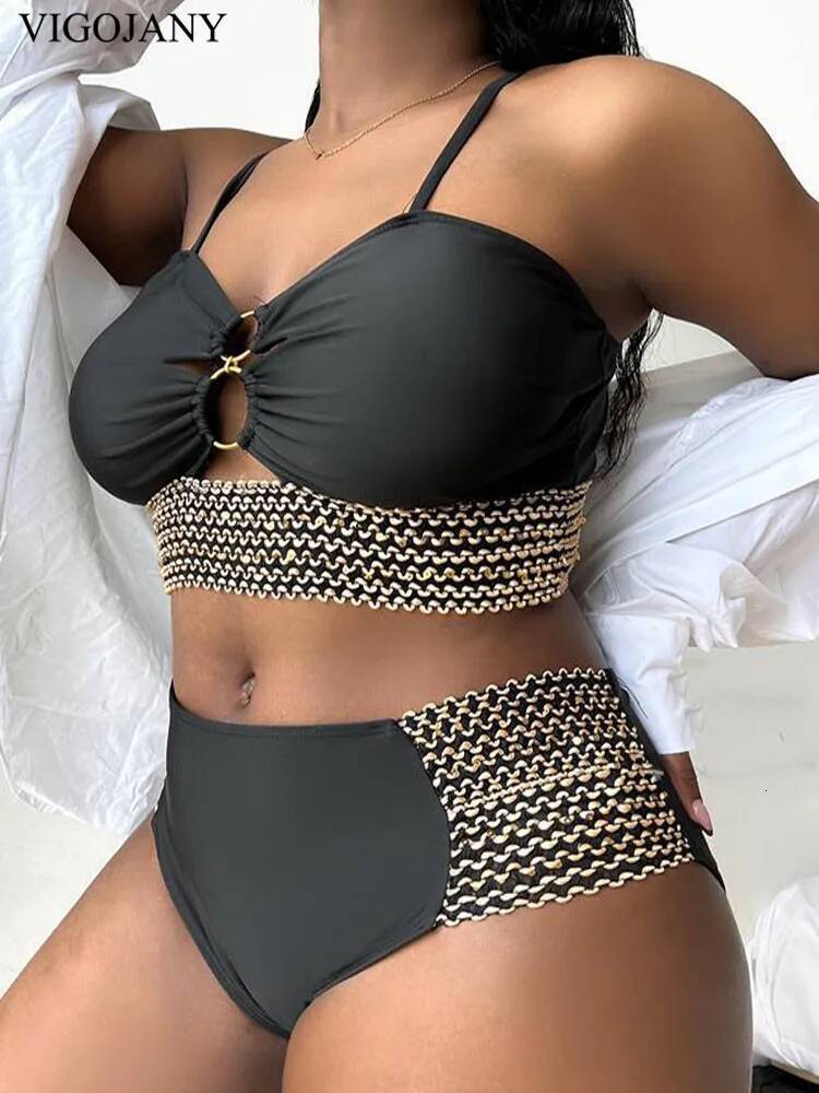 VigoJany 2025 Patchwork Hollow Two Piece Plus Size Bikini Women Strapped High Waist Swimsuit Brazilian Beach Lady Bathing Suit