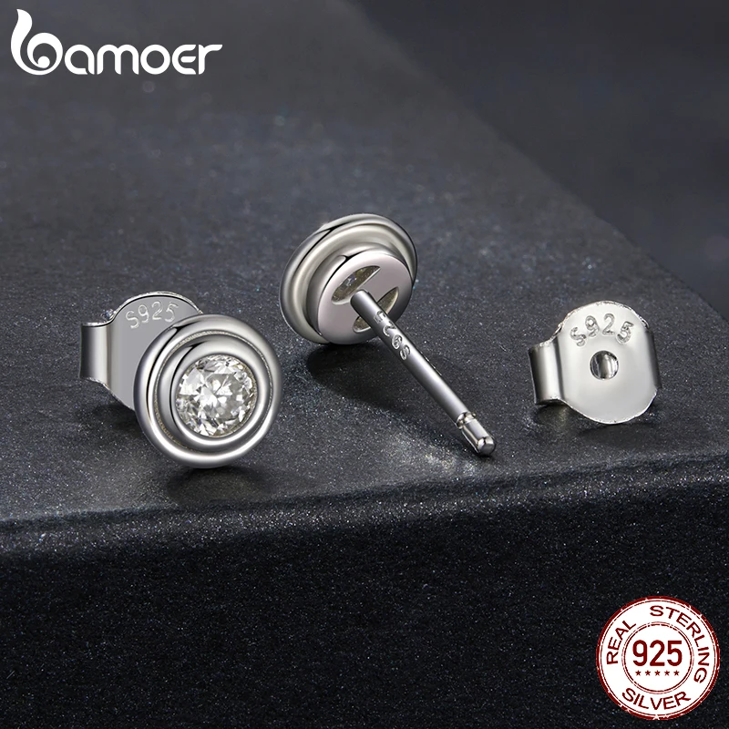 BAMOER Moissanite Diamond Earrings for Women White Gold Plated 925 Sterling Silver Bezel Set Round Studs Fine Jewelry Women Man Diamond Gift MSE083