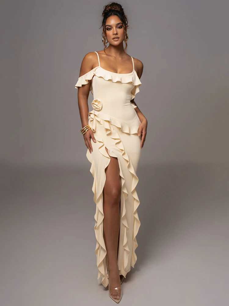 Mozision Elegant Ruffle Sexy Maxi Dress Women Spaghetti Strap Flower Sleeveless Backless High Split Club Party Evening Dress XJ250610