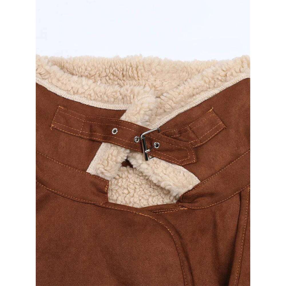 Nerazzurri Winter Long Brown Loose Stylish Cool Thickened Warm Soft Lamb Shearling Coat Women Faux Suede Sheepskin Overcoat 2022