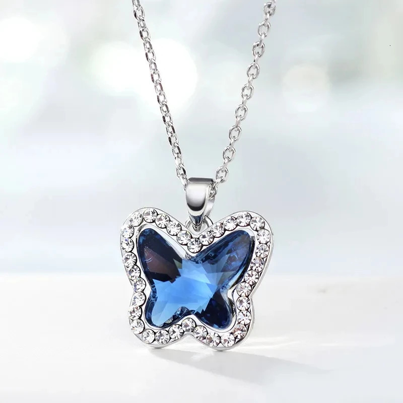 Cute Blue Butterfly Austrian Crystal Pendant Necklace for Girls Fashion Jewellery Women Anniversary Wedding Valentines Day Gift 250609