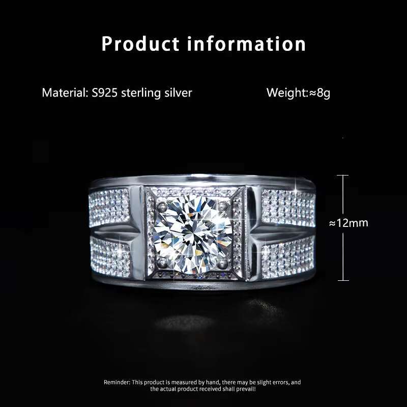 Wholesale Free Certificate Classic 925 Sterling Silver Rhodium Plated 1CT Round Brilliant Cut Moissanite Ring for Men