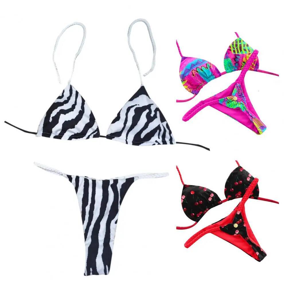 Durable Set Stylish Lace-up Halter Bikini Sets Quick Drying Beachwear with Braided Rope Breast Pads 2pcs/set Women's