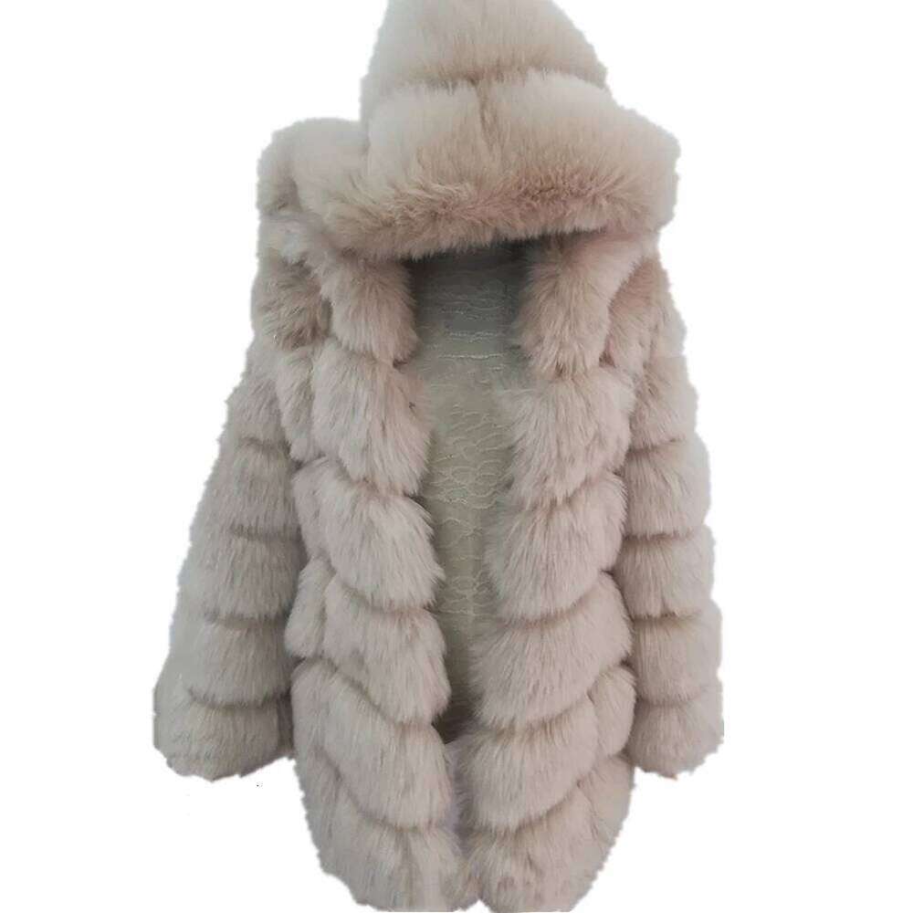 Women's Winter Artifical Fox Overcoat Long Sleeves Faux Fur Coat Jacket With Hooded