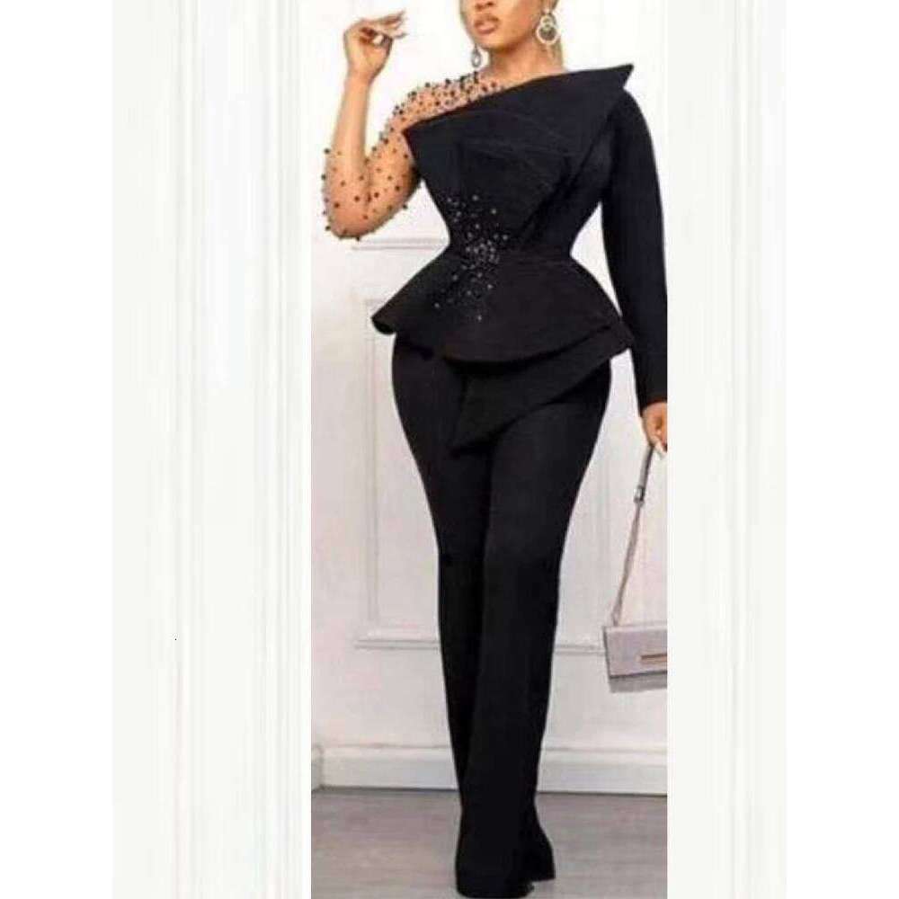 AOMEI Women Jumpsuit Vintage Beaded Long Sleeve Patchwork Mesh One Piece Romper Beading Elegant Party Birthday Event African New