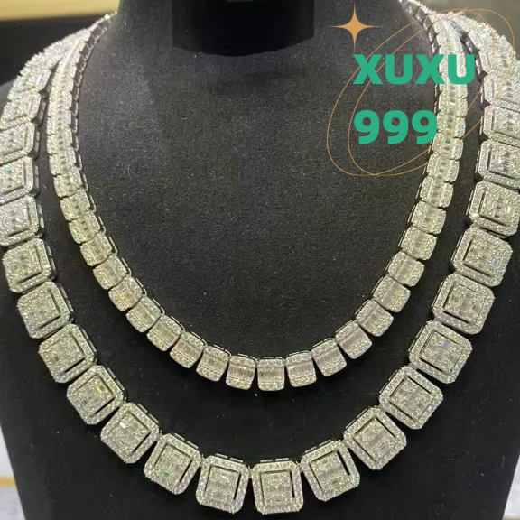 OACOCA New Mens and Womens Square Necklace Sier Baguette Dia VVS Moissanite Cuban Chain