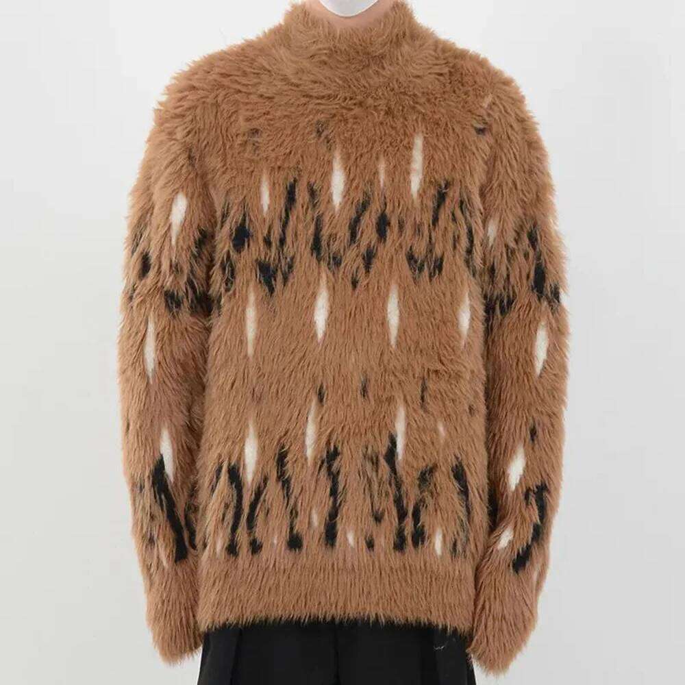 Mens Sweater Punk Goth Y2k Knitted Pullover Shaggy Faux Fur Streetwear Turtleneck Baggy Fit Winter Fashion Tops Men's Clothes